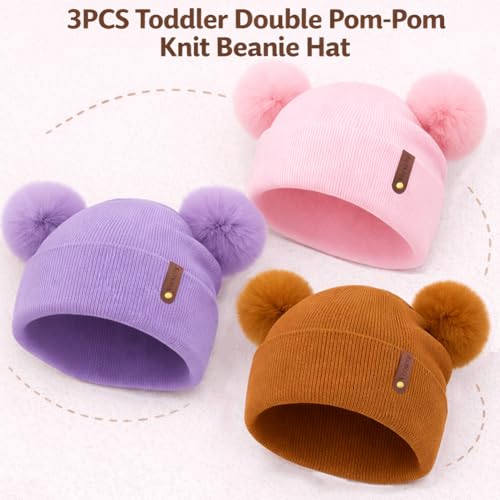 Toddler Winter Beanie Hats 3 Pack – Double Pom Pom Soft Knitted Hats for Baby Boys Girls 6–36 Months - color: Purple+pink+caramel