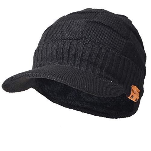 Ruphedy Mens Beanie with Brim Winter Hat Knitted Thick Fleece Visor Beanie - color: B322-black