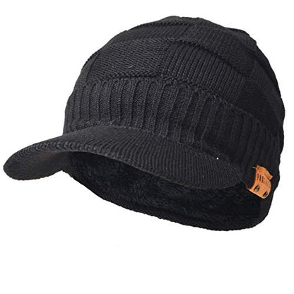 Ruphedy Mens Beanie with Brim Winter Hat Knitted Thick Fleece Visor Beanie - color: B322-black