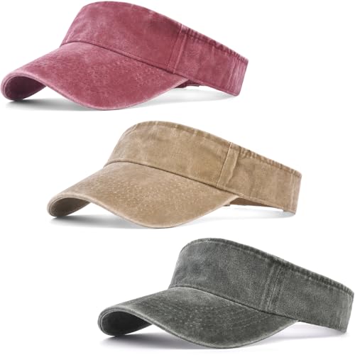IYEBRAO 3 Pack Sun Visor Hat Sport Vintage Washed Adjustable Cotton Empty Top Ball Caps for Golf Running Tennis for Women&Men - color: Wine Red+green+khaki