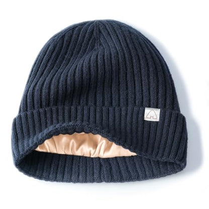 Hat Hut Wool Beanie Satin Lined Winter Hats Slouchy Beanie with Silk Lining Warm Wool Knit Ski Hat Cuffed Cap Women Men - color: Navy Blue