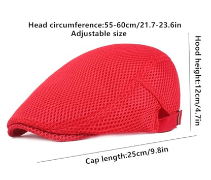 DIYDECAL Mens Breathable Mesh Summer Hat Adjustable Newsboy Beret Ivy Cap Cabbie Flat Cap - color: Red