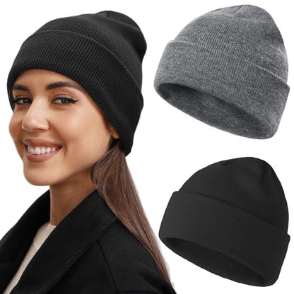 vidsel 100% Cotton Beanie Hat-Unisex Winter Knit Cuffed Beanies Skull Cap - color: 2pcs - Black, Light Grey