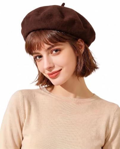 French Beret Hats for Women Men - Classic Wool Beanie Winter Cap - color: Chocolate