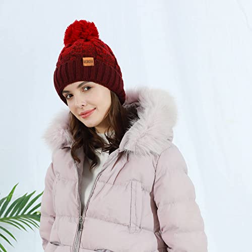 REDESS Women Winter Pompom Beanie Hat with Warm Fleece Lined Thick Slouchy Snow Knit Hat Skull Ski Cap - color: Tone Blue