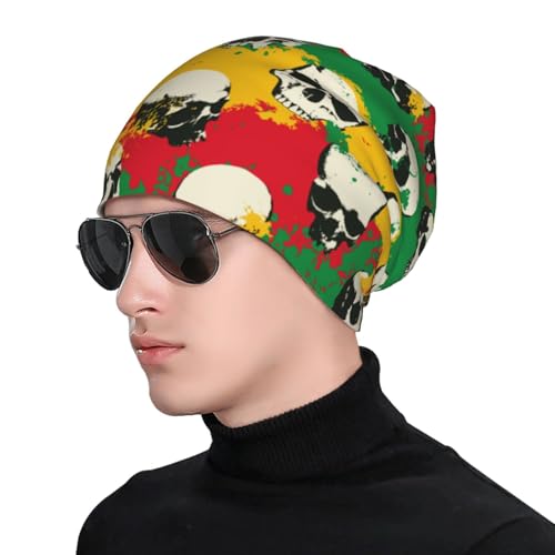 Beanie Hat for Men Women Slouchy Beanie Skull Sleep Cap Soft Lightweight Chemo Hat Stretch Cancer Headwear - color: Jamaica Flag Skull