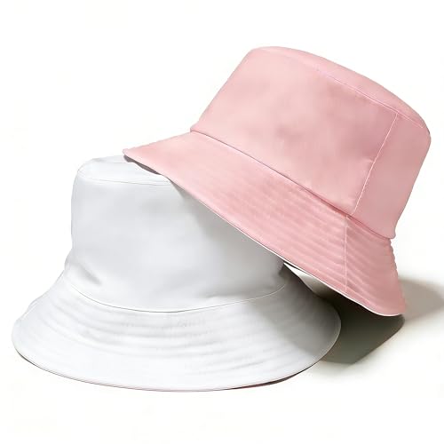 Bucket Hat for Men and Women 2-in-1 Reversible Sun Protection Fashion Flat Top Cap for Fishing Travel Beach Sports - color: Pink-white