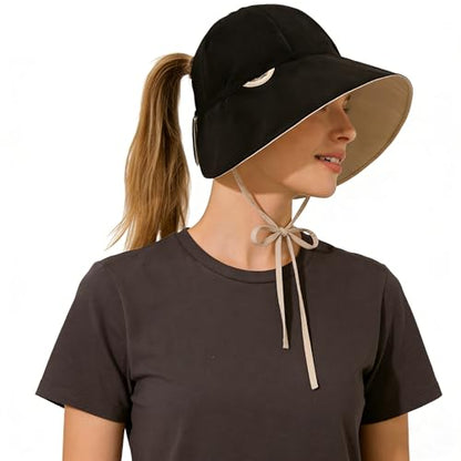 Reversible Women's Bucket Hat for Summer, Water-Resistant Ponytail Cap with Chin Strap, UV Shield Sun Hats - color: Black/Beige