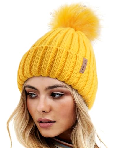 FURTALK Womens Winter Knitted Beanie Hat with Faux Fur Pom Warm Knit Skull Cap Beanie for Women - color: Yellow With Yellow Pom