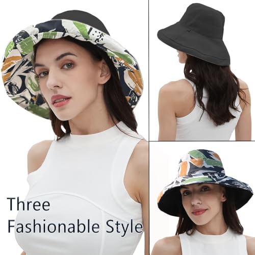 vidsel Womens Sun Hats Wide Brim Reversible Bucket Cotton Hat with Hat Clip - color: Black2, size: Medium