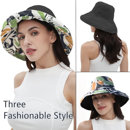 vidsel Womens Sun Hats Wide Brim Reversible Bucket Cotton Hat with Hat Clip - color: Black2, size: Medium