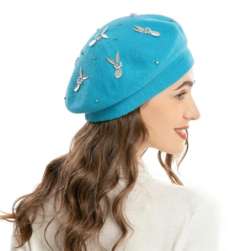 ZLYC Women French Beret Hat Reversible Knit Thickened Warm Artist Cap - color: Paillettes Bunny Blue