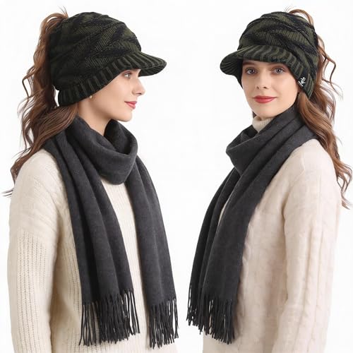 Women's BeanieTail Warm Knit Hat Messy High Bun Ponytail Visor Beanie Cap - color: B341-green, size: Medium