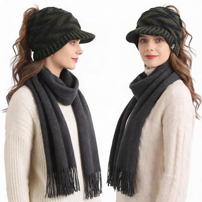 Women's BeanieTail Warm Knit Hat Messy High Bun Ponytail Visor Beanie Cap - color: B341-green, size: Medium