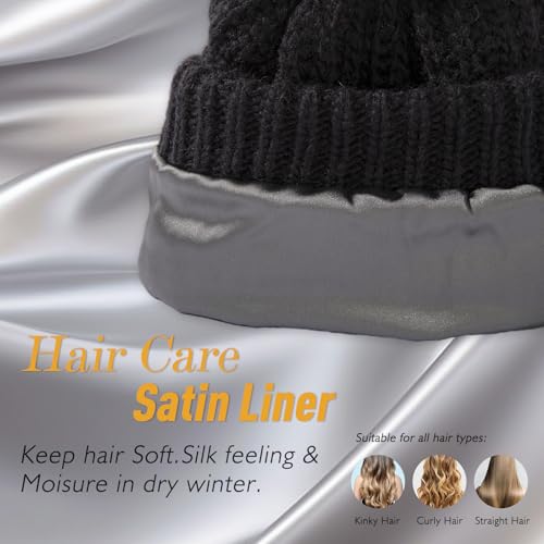 TOP-EX Winter Wool Slouchy Beanie for Women, Warm Faux Fur Pom Hat - color: Black_satin Lined