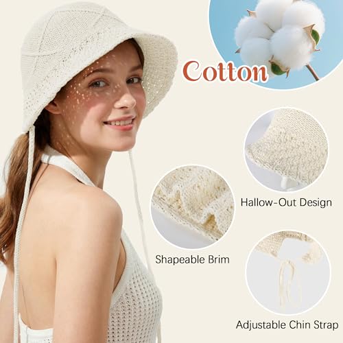 Ababalaya Women’s Lightweight Cotton Crochet Bucket Hat - color: Beige