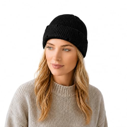 Unisex Warm Knit Skull Cap Hip-hop Slouchy Ripped Knitted Hat - color: Black