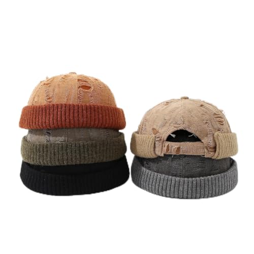 Distressed Brimless Docker Beanie Skull Cap Unisex Streetwear - color: Orange, Khaki, Olive Green, Black, Gray