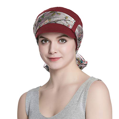 Alnorm Breathable Cotton Hat and Scarf Set Chemo Headwear for Women - color: Burgundy Plum Blossom
