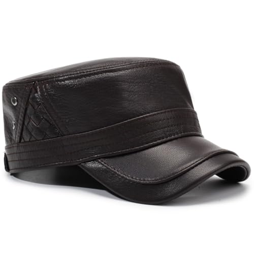 Men's Leather Military Style Hat Cadet Army Caps Flat Top Cap - color: Brown