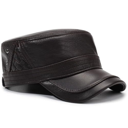 Men's Leather Military Style Hat Cadet Army Caps Flat Top Cap - color: Brown