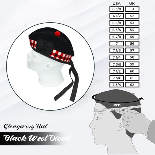 Glengarry Cap-Traditional Scottish Hat,100% Wool, Acrylic Wool Tartan,Kilts/Bagpipes Accessories,Polyester Cotton Ribbon - color: Black & Red Diced, size: 6 1/2