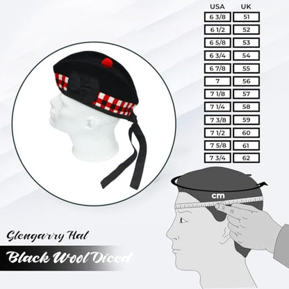 Glengarry Cap-Traditional Scottish Hat,100% Wool, Acrylic Wool Tartan,Kilts/Bagpipes Accessories,Polyester Cotton Ribbon - color: Black & Red Diced, size: 6 1/2
