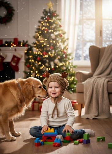 AIBEARTY Cute Deer Elk Antlers Baby Hat Winter Warm Plush Knitted Ear Warmer Bonnet Boys Girls Cap Beanie with Chin Strap - color: Coffee