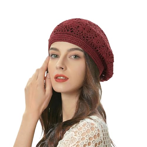 ZLYC Women Cotton Slouchy Crochet Beret Handmade Cutout Floral Beanie Hat - color: Plain Burgundy