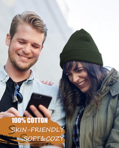 vidsel 100% Cotton Beanie Hat-Unisex Winter Knit Cuffed Beanies Skull Cap - color: 1-olive Green
