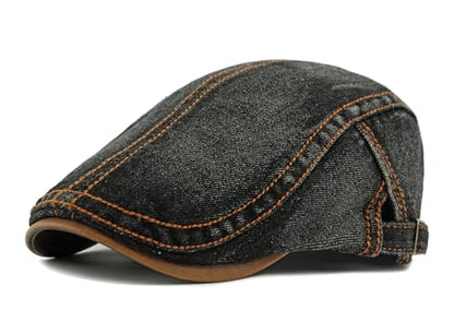 QHFHULV Newsboy Cap for Men Cotton Flat Gatsby Ivy Golf Cabbie Driving Hat - color: Denim Black