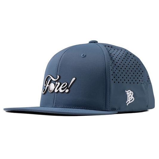 Branded Bills Fore! Performance Golf Hat for Men, 6 Panel Flat Bill Snapback Baseball Cap - color: Navy