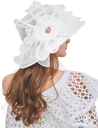 Women's Organza Derby Fascinator Hat Cloche Bowler Hat Cocktail Tea Party Wedding Sun Hat - color: B2-white