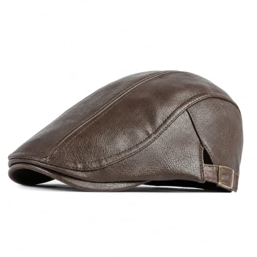 meioro Men's Leather Newsboy Hat Adjustable Flat Cap Classic Golf Newsboy Cap Gatsby Ivy Caps Driving Fishing Beret Hats - color: Coffee