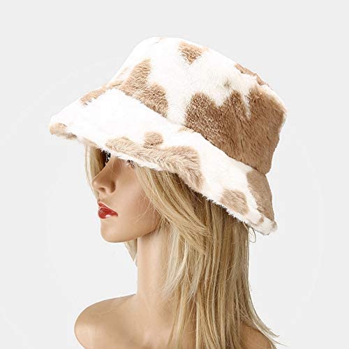 Umeepar Winter Faux Fur Fuzzy Bucket Hat Fluffy Warm Hat for Women Men - color: Cow Print Khaki
