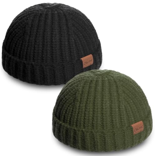 Fisherman Short Beanie Hats for Men, Knit Skull Cap Cuff Trawler Hat Mens Stylish Watch Cap Winter Warm Hat for Daily Wear - color: Black, Army Green