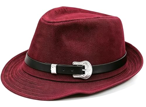 Classic Fedora Hat for Men Women Short Brim Panama Summer Beach Hat Accessories with Belt Buckle - color: Wine Red, size: Large-X-Large