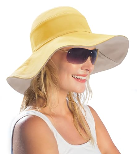 Womens Foldable Shapeable Brim Sun Hat UPF 50+ Cotton Wide Brim Beach Adjustable Chin Strap Hat Sun Protection Cap - color: Yellow-a