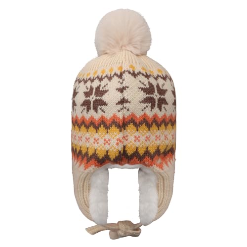 IPENNY Women's Winter Faux Fur Lined Trapper Hat, Warm Knitted Beanie with Pom Pom & Earflaps, Warm Ski Cap for Cold Weather - color: Beige