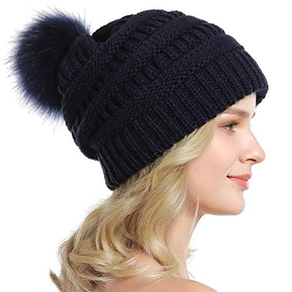 Women Knit Slouchy Beanie Chunky Baggy Hat with Faux Fur Pompom Winter Soft Warm Ski Cap - color: Navy