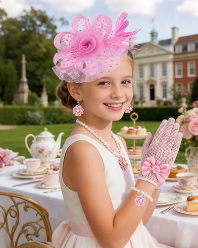 Girls Tea Party Fascinators Hats Girls Church Hats 20s 50s Pillbox Hat Cocktail Mesh Flower Pearl Feather Headband - color: Pink