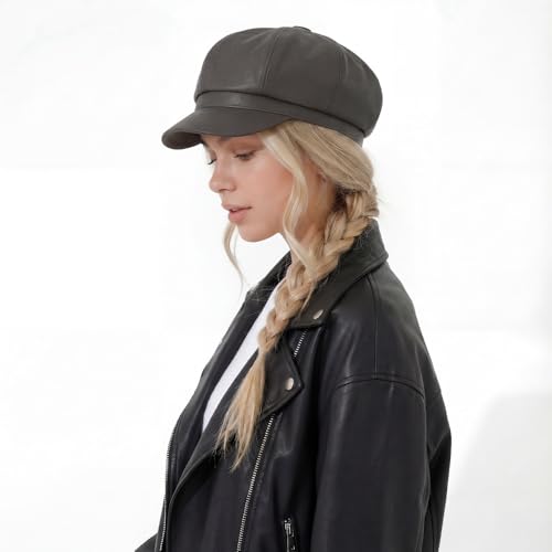 C.C Knitted Newsboy Cap for Women – Soft Knit Hat with Adjustable Velcro, Lightweight Warm Winter Style - color: Faux Leather-gery Brown