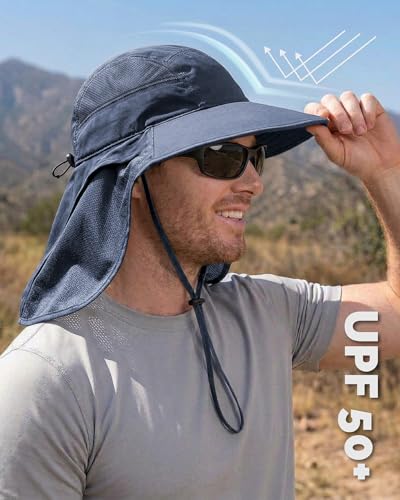 Hat Hut Ultra-Light Sun Hat with Neckflap, UPF 50+, Wide Brim, Breathable Outdoor Hiking Fishing Hats for Men - color: Navy Blue