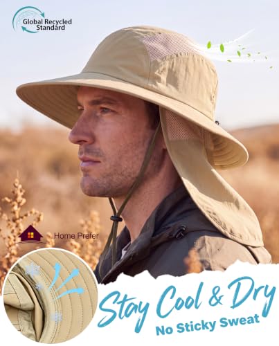 Home Prefer UPF 50+ Sun Hat with Neck Flap Wide Brim Fishing Hat for Men - color: Khaki