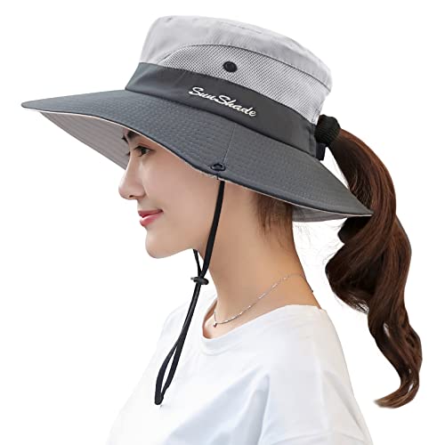 Muryobao Women's Ponytail Sun Hat UV Protection Foldable Mesh Wide Brim Beach Fishing Hat - color: Light Grey