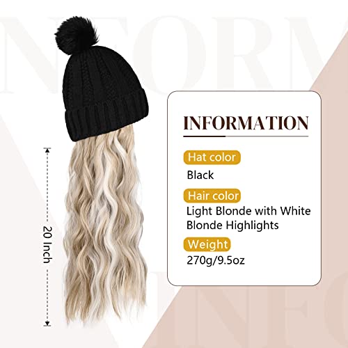 Flufymooz Beanie Wig, Hat Hair Extension Long Wavy Black Hat Wig with Faux Fur Pom, Wig hat Attached 20 Inch Synthetic Hairpiece for Women Girls Winter (Light Blonde with White Blonde) - color: Black Hat-light Blonde With White Blonde Highlights, size: 20