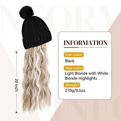 Flufymooz Beanie Wig, Hat Hair Extension Long Wavy Black Hat Wig with Faux Fur Pom, Wig hat Attached 20 Inch Synthetic Hairpiece for Women Girls Winter (Light Blonde with White Blonde) - color: Black Hat-light Blonde With White Blonde Highlights, size: 20