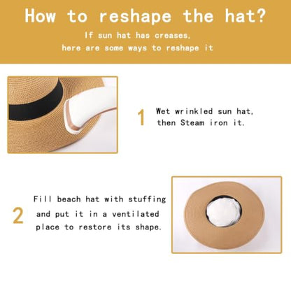 Women's Straw Sun Hat UPF80 UV Protection Foldable Wide Brim Summer Hat Sweatband Adjustable Floppy Beach Hats for Women - color: Khaki-foldable