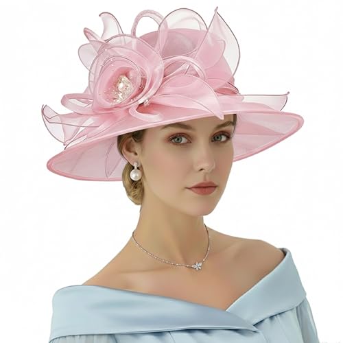 AQOKKA Women Organza Church Fascinators Kentucky Derby Hats for Women and Girls Wedding Flower Tea Party Hat with Wide Brim - color: Organza Rose : Pink