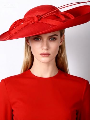 Big Wide Brim Fascinator Hats for Women Ladies Kentucky Tea Party Dress Flat Top Fedoras Hat with Bow Feather - color: Red